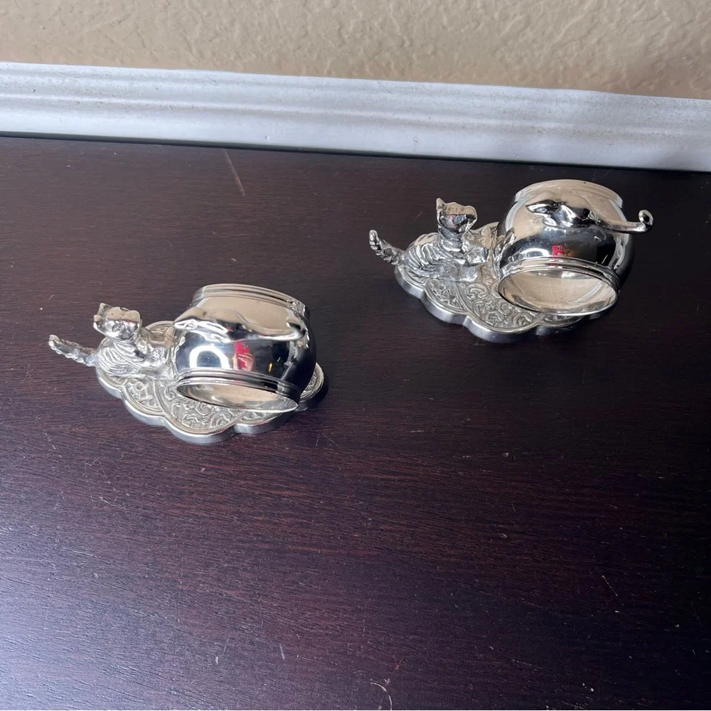 Vintage Cat and Mouse Napkin Rings Pair, Fine Dining, Silver Tone, Thanksgiving